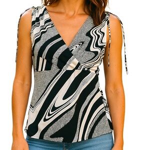 IZ BYER Sleeveless Black & White V Neck Faux Wrap Lightweight Top Women’s Size M